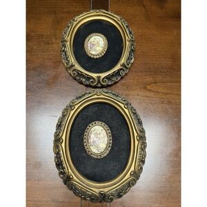Set Of 2 Vintage Cameo Creation Countess Courting Couple Scene Oval Gold Velvet
